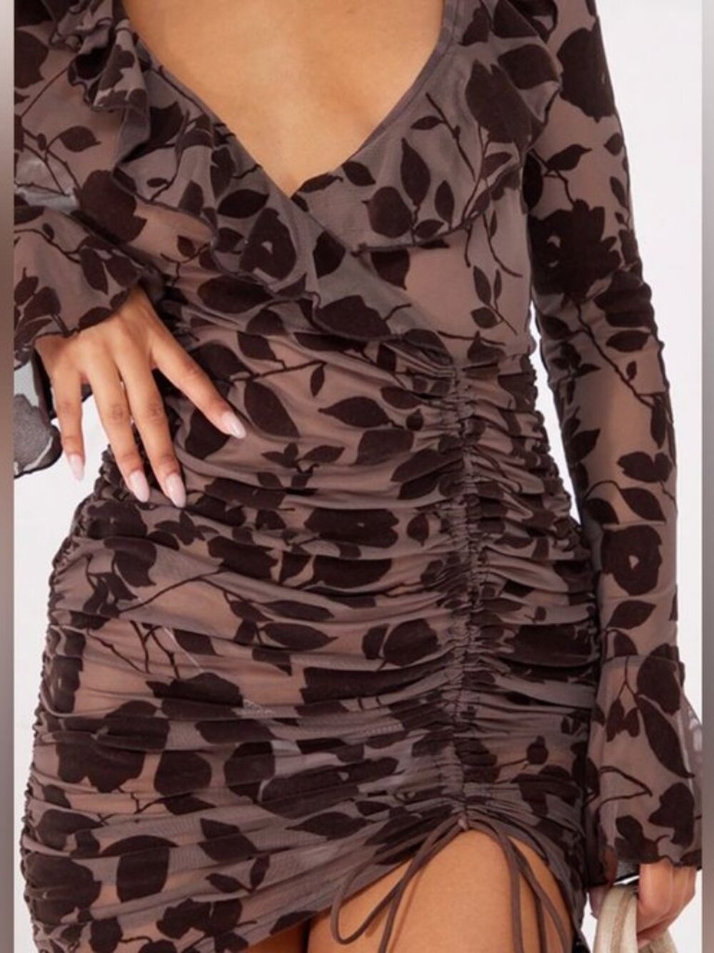 NWT PrettyLittleThing Dark Chocolate Floral Flocked Ruched Mini Dress - Size 6